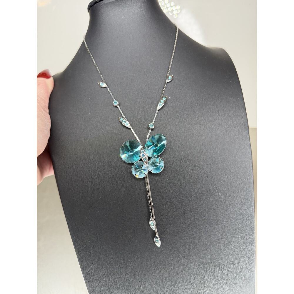 Butterfly Pendant Necklace Aqua Silver Rhinestone Statement